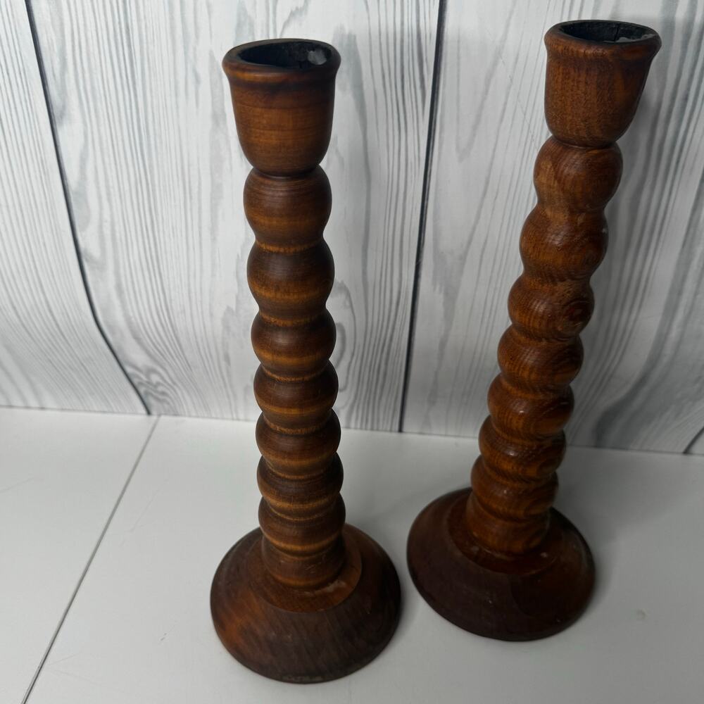 Vintage Wood Folk Art Primitive Candlesticks MCM 80s